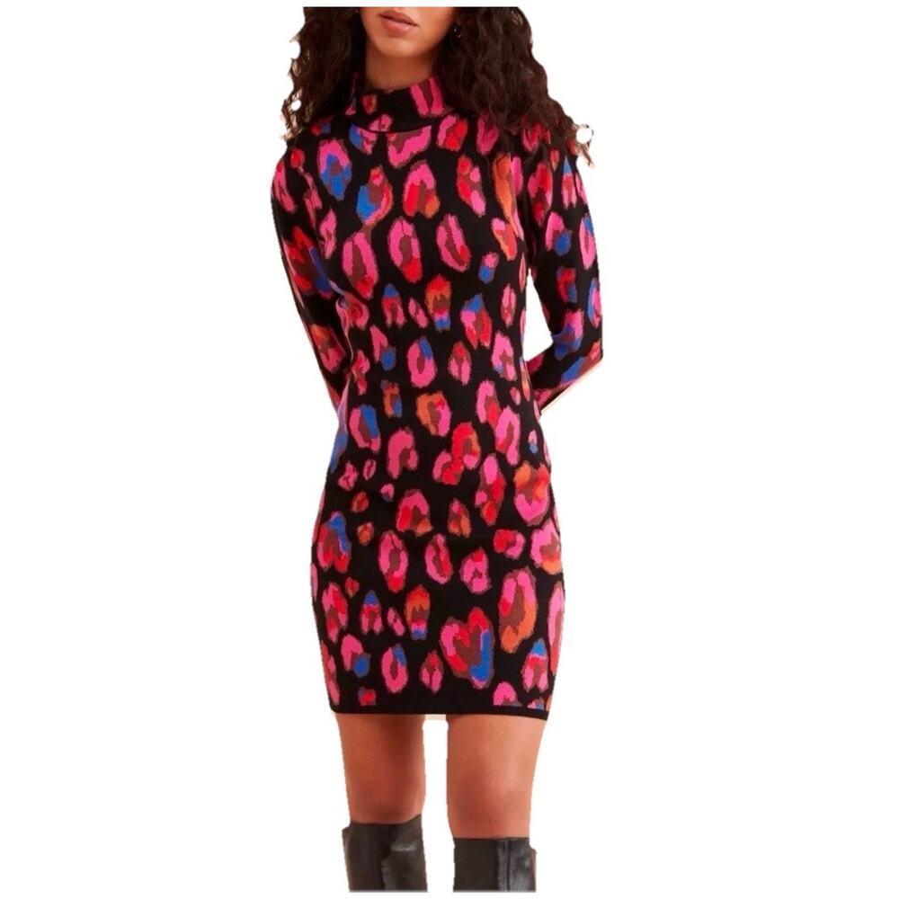 Farm Rio Iridescent Leopards Sweater Dress Small Colorful Knit Mock Neck Bodycon